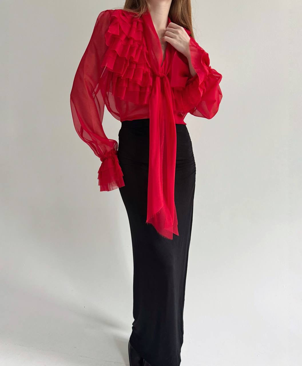 Vintage semi transparent red blouse with raw trim ruffles and chest bow