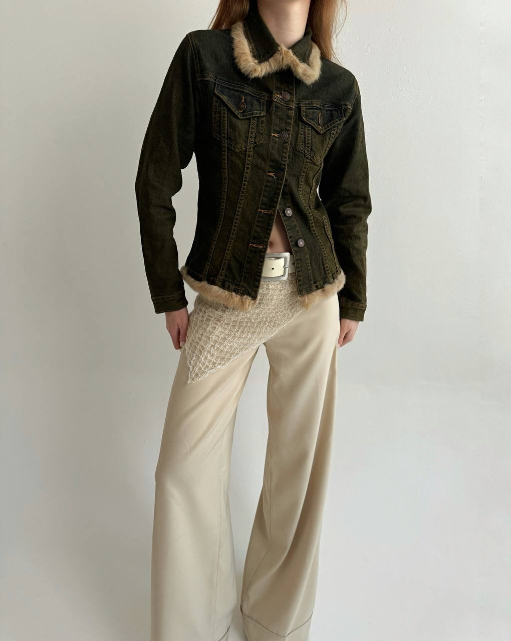Vintage made in France washed denim jacket with real fur