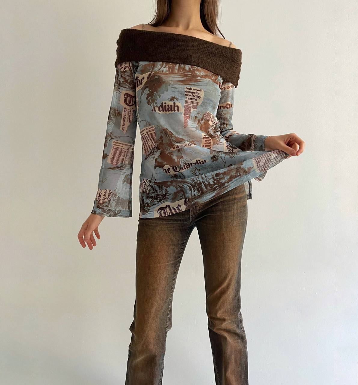 Vintage mesh printed blouse with wool collar