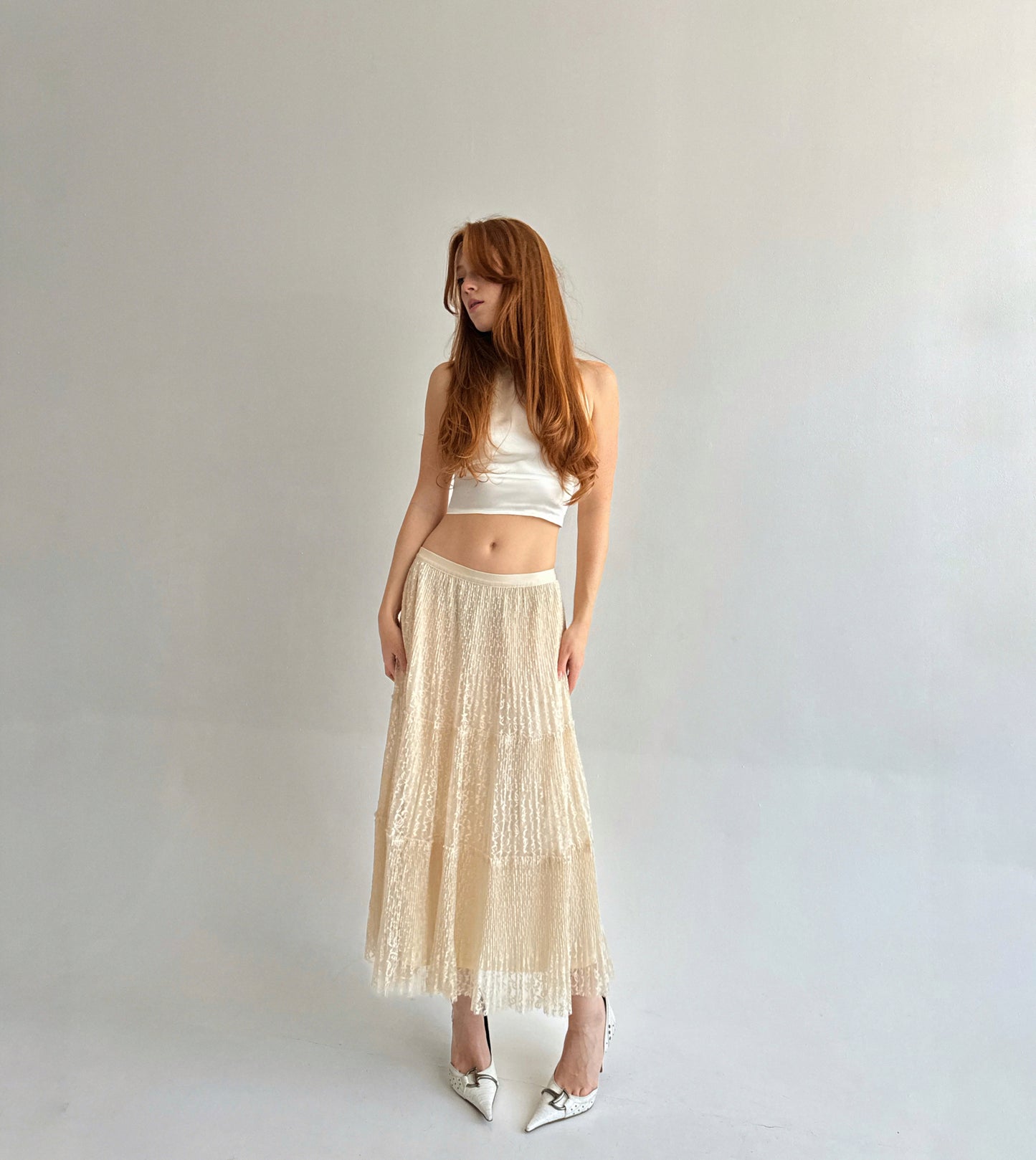 Vintage lace ruched maxi skirt