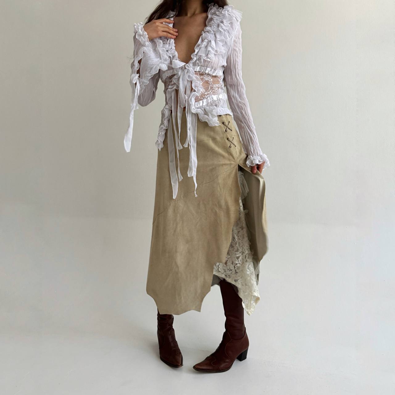 Vintage genuine leather asymmetrical skirt with lace