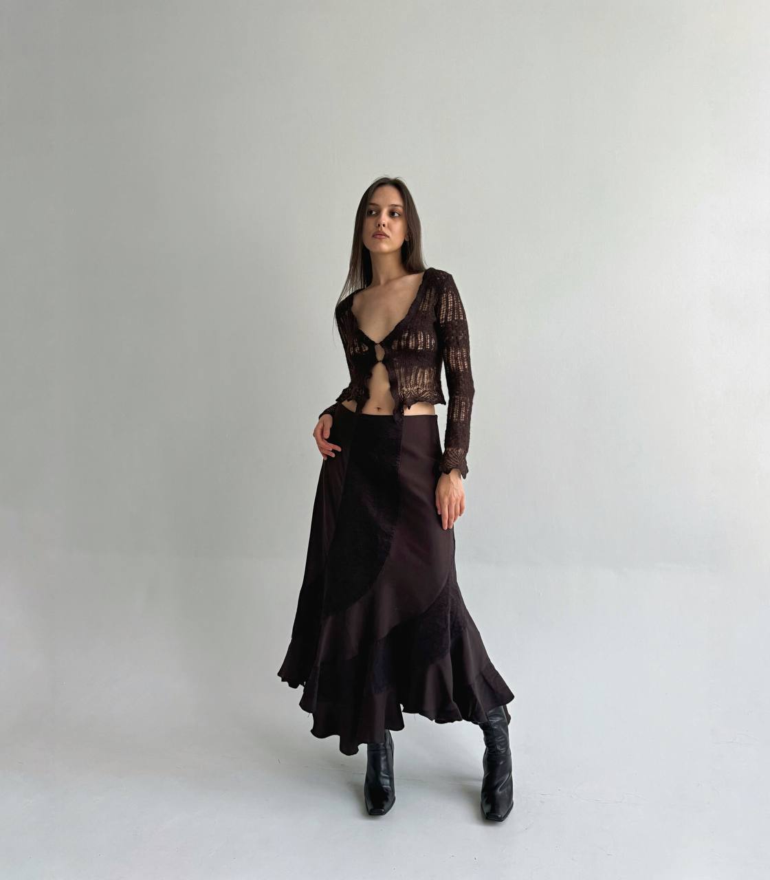 Vintage brown ruffled maxi skirt