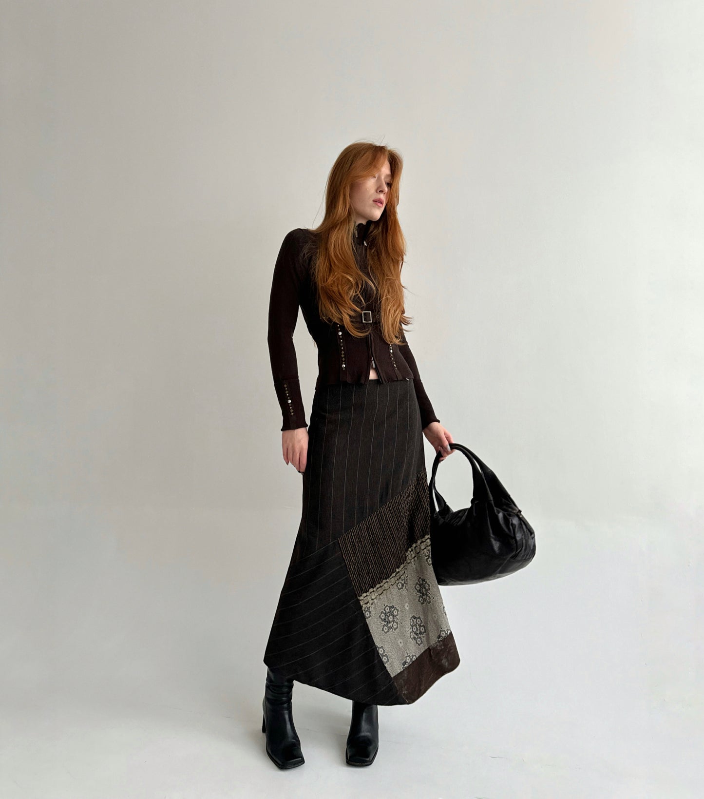 Vintage 64% viscose 25% wool brown striped maxi skirt