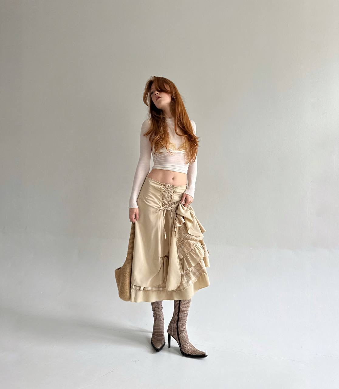 Vintage beige draped skirt with lace and checker pattern details