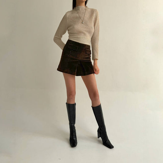 Y2K cotton brown velvet mini skirt