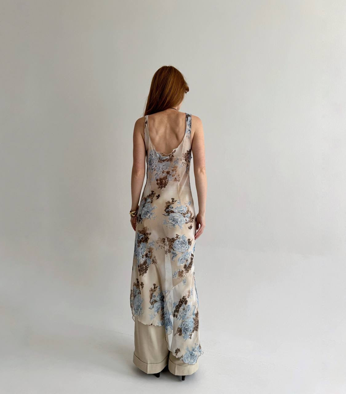 Vintage asymmetrical flower print maxi dress