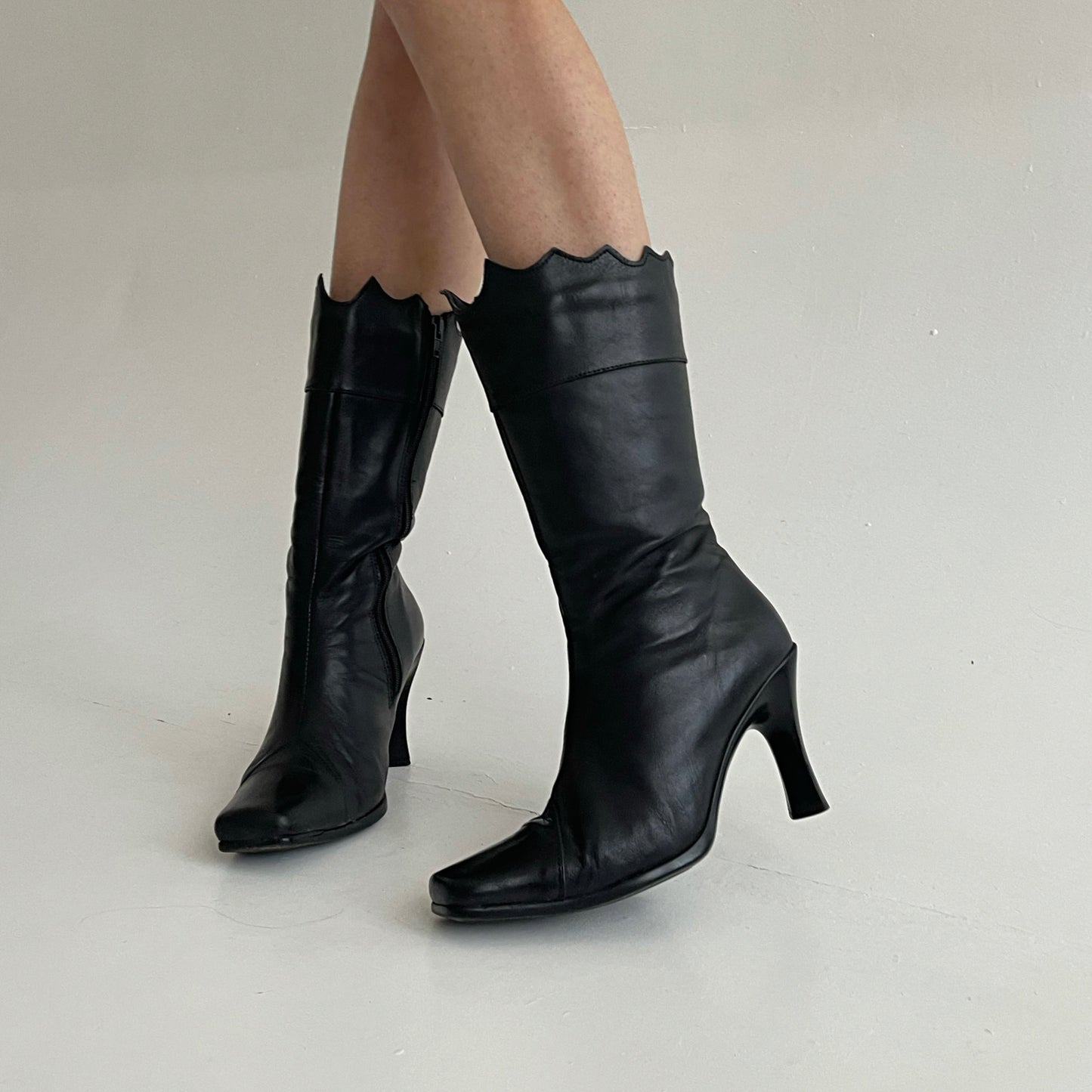 Vintage genuine leather boots with square toe