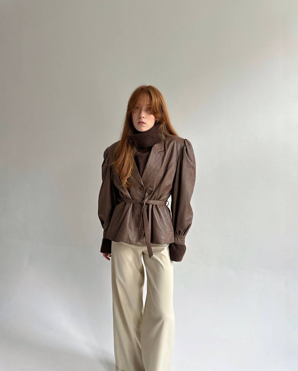 Vintage faux leather jacket with waist tie