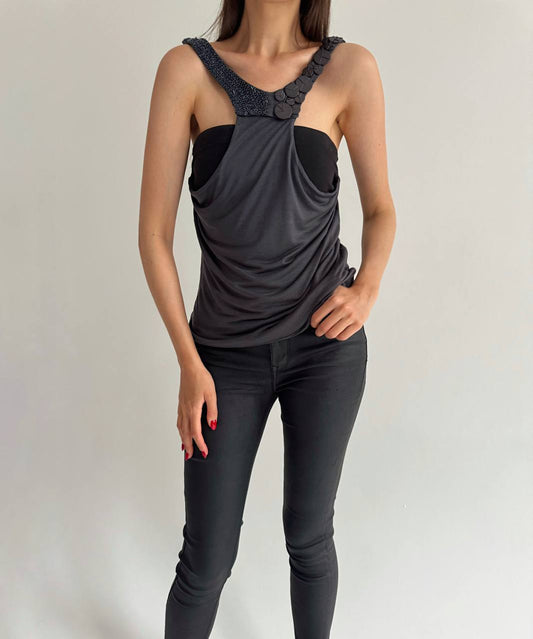 Max Mara grey top with beads and buttons