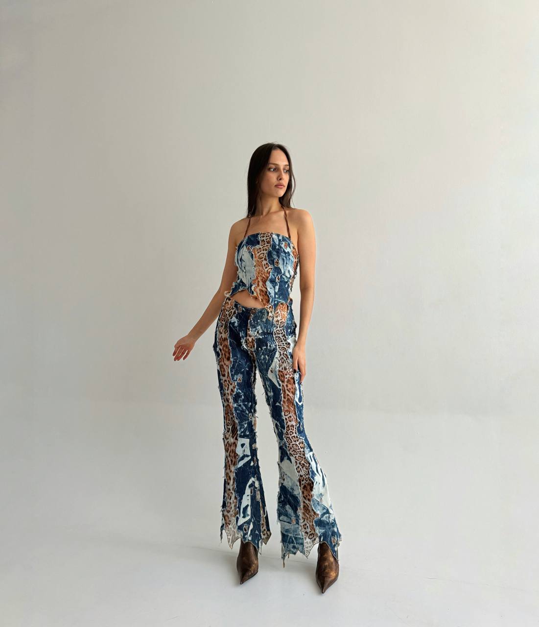 Vintage 3 piece suit with distressed leopard and denim like pattern