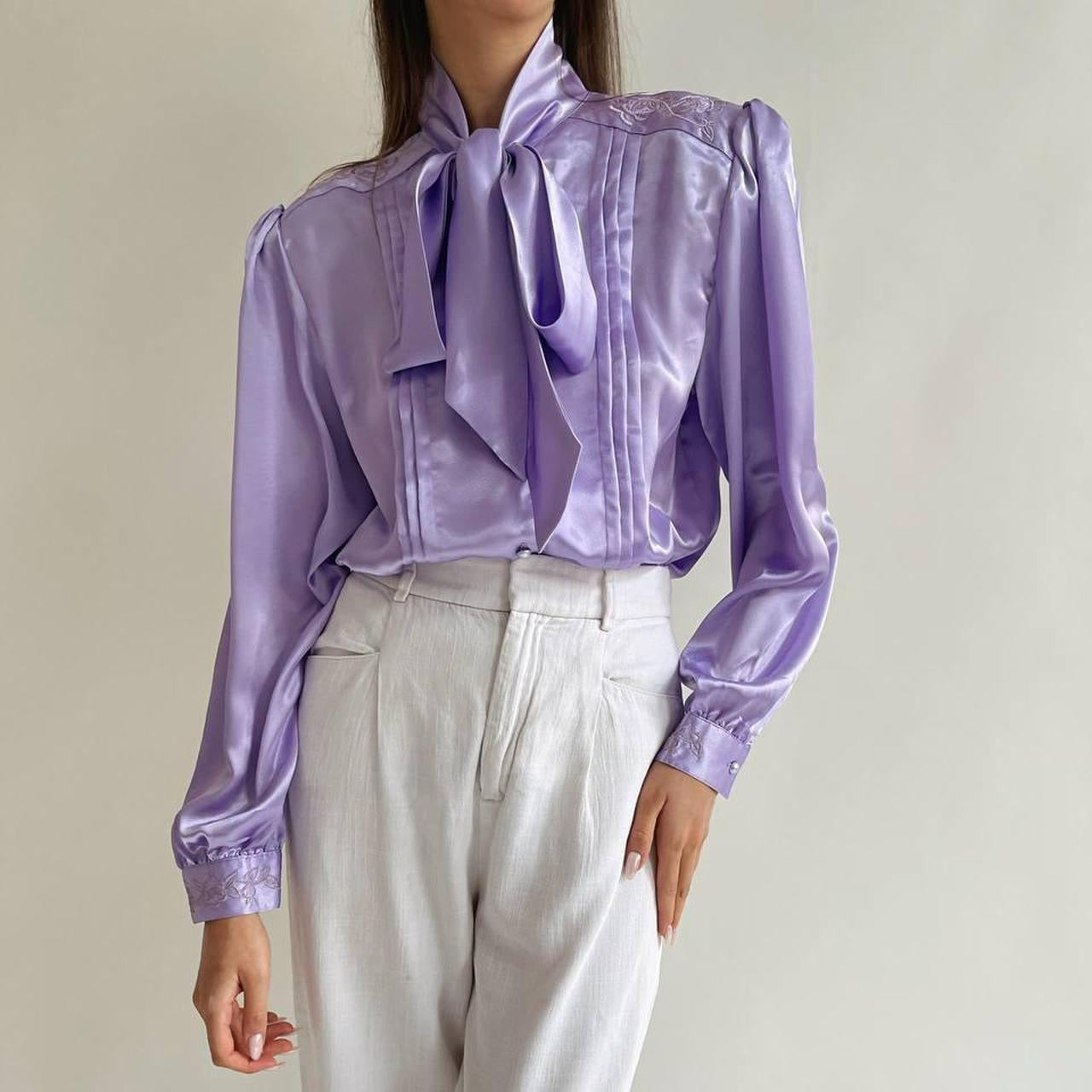 Vintage violet satin blouse with a bow