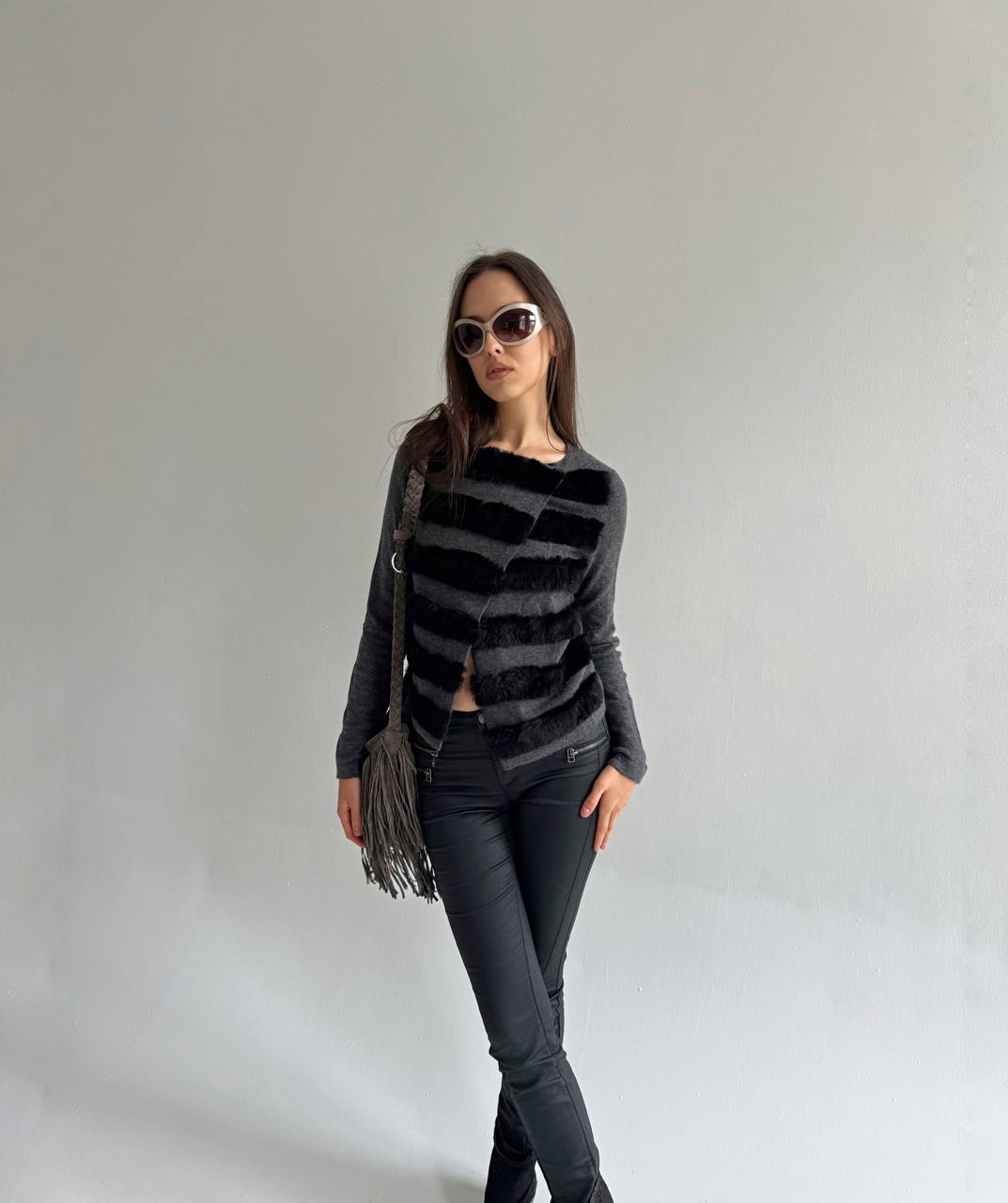 Y2K 100% cashmere grey cardigan with real fur