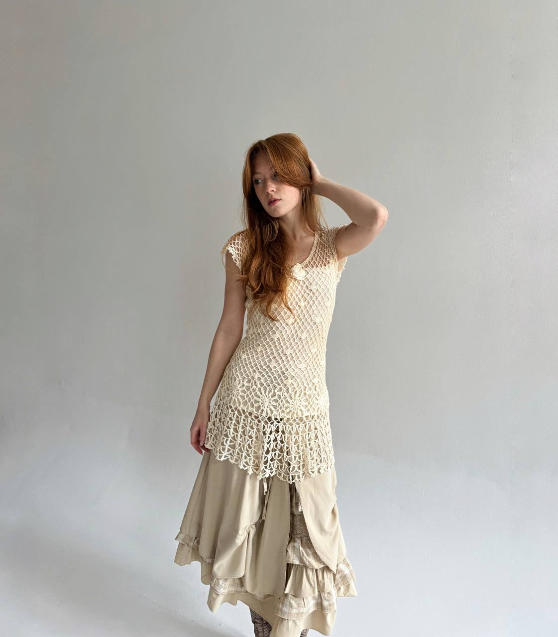 Vintage beige crochet long blouse