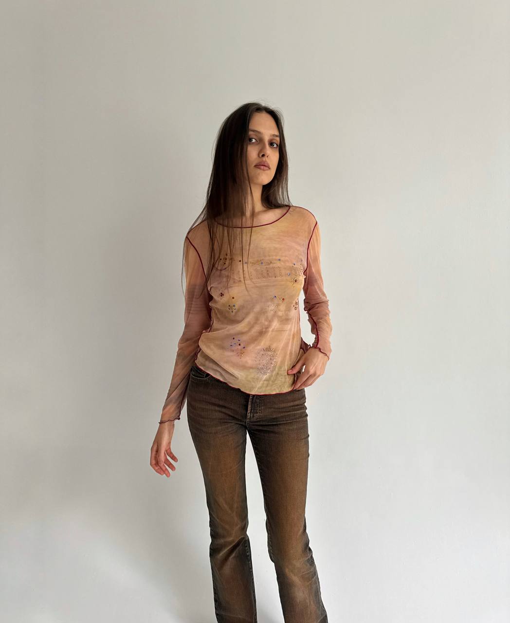 Vintage abstract mesh blouse with rhinestones