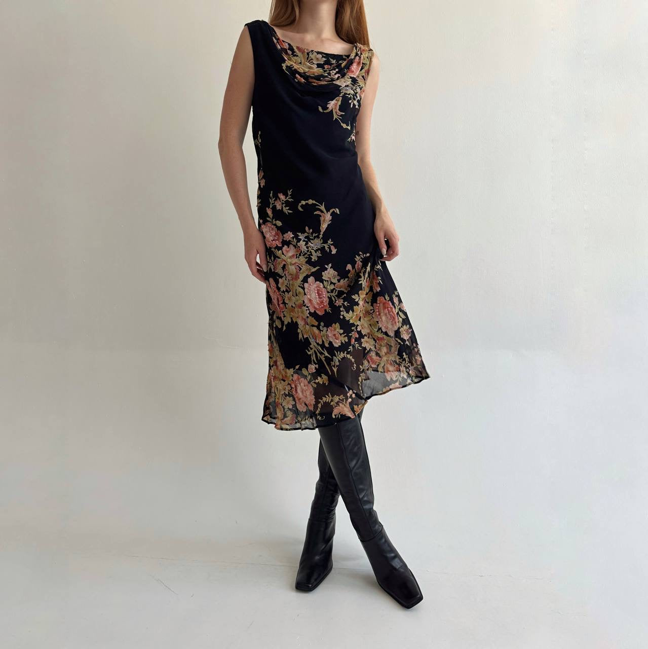 Vintage rayon dress with flower print and beads