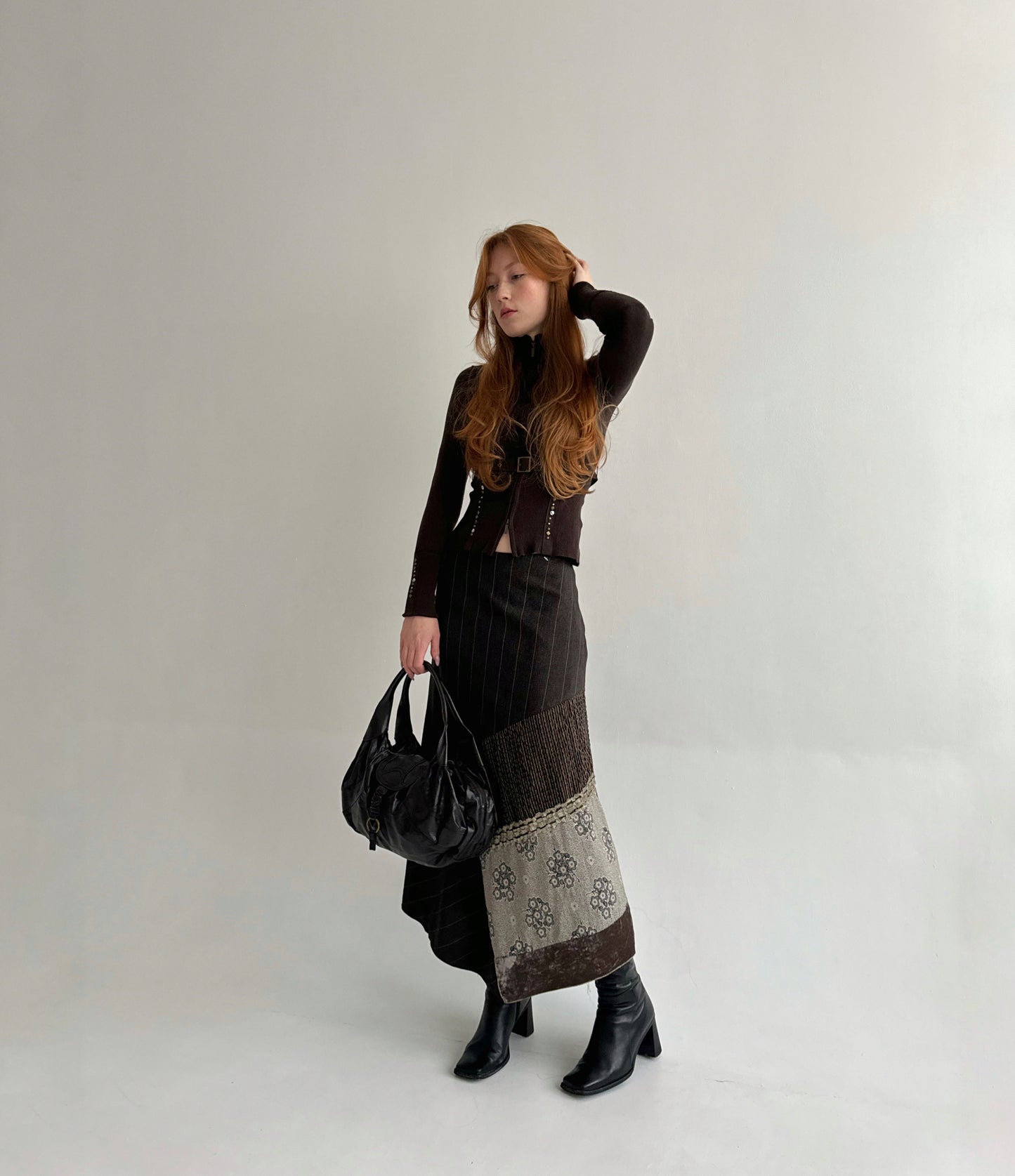 Vintage 64% viscose 25% wool brown striped maxi skirt