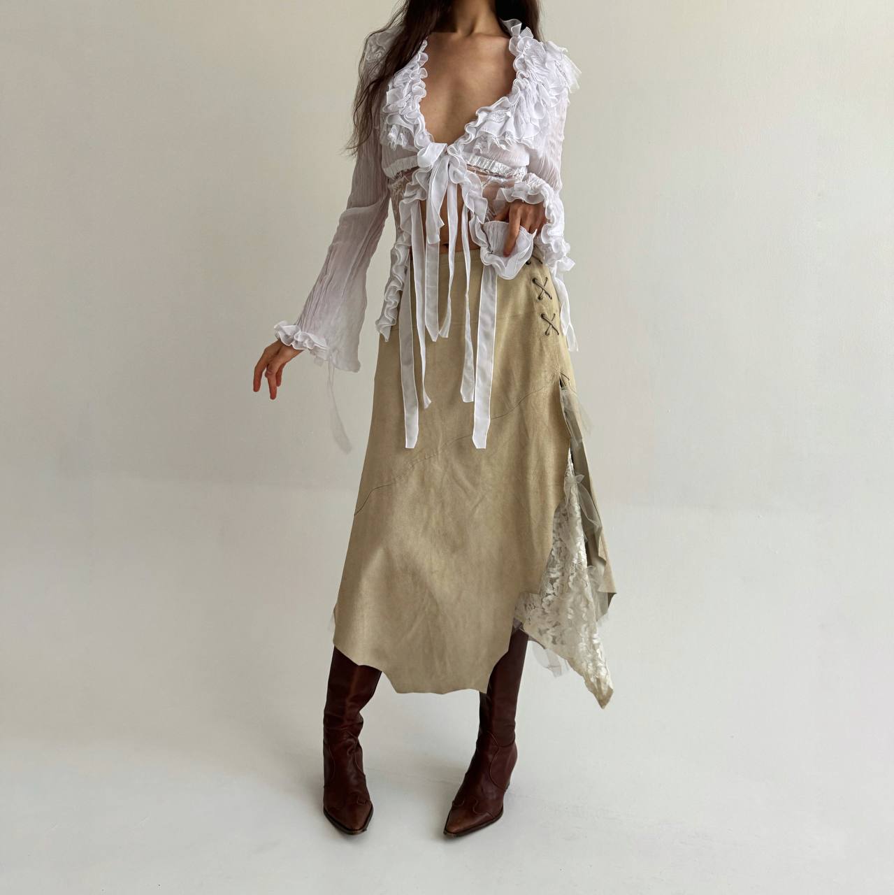 Vintage genuine leather asymmetrical skirt with lace