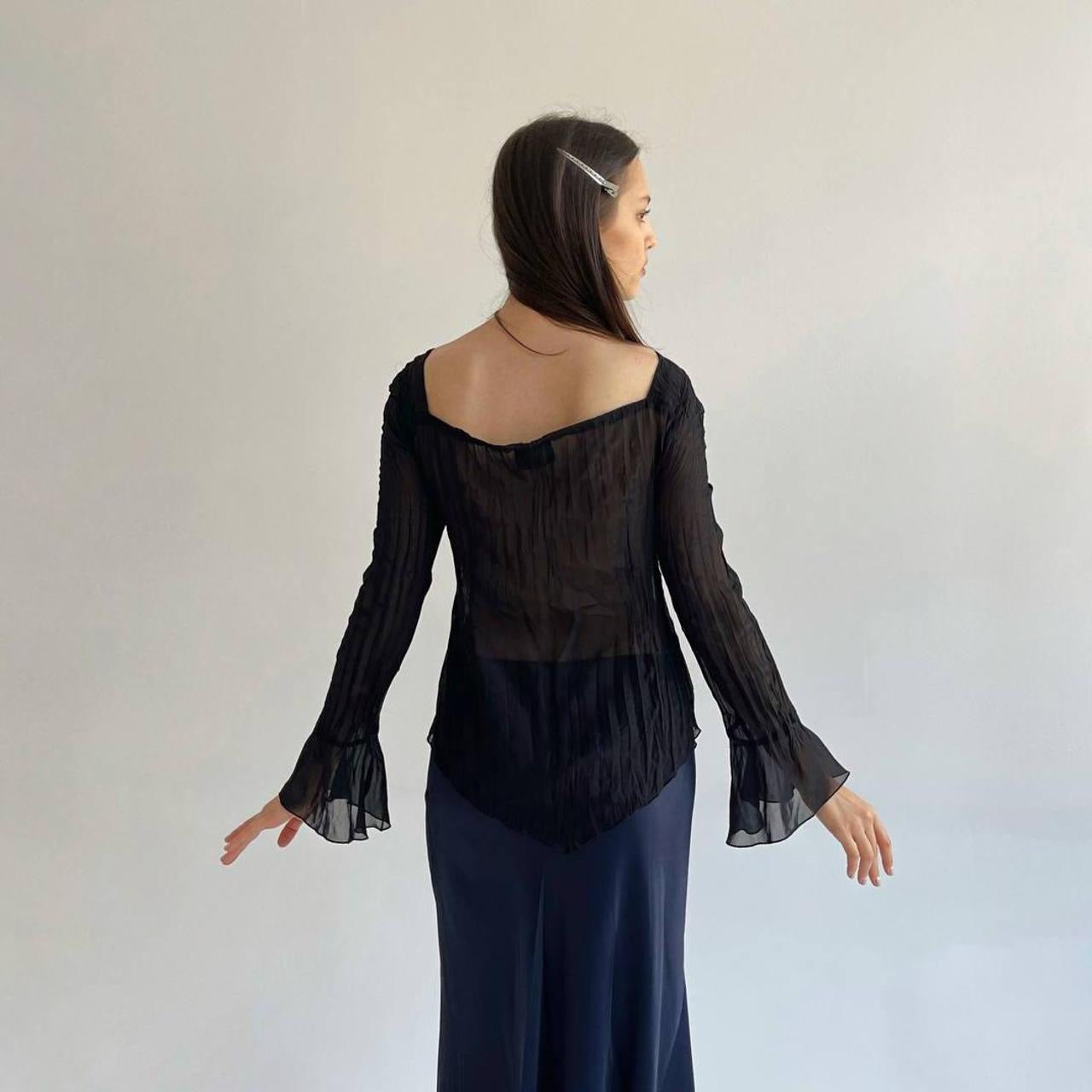Vintage sheer pleated blouse with flower appliqué