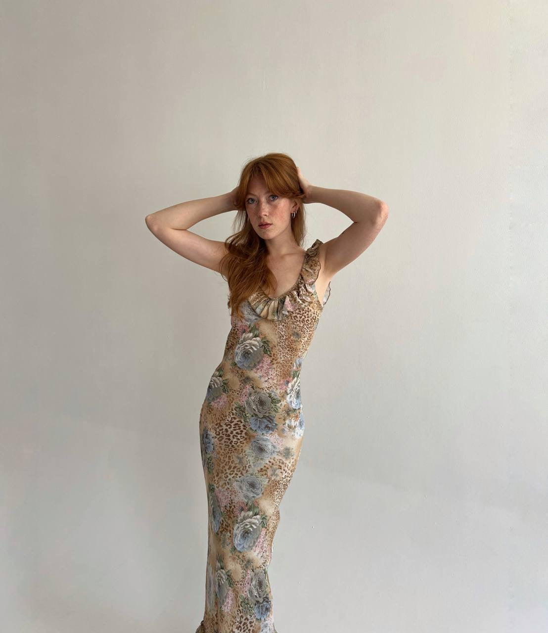 Vintage viscose long dress with leopard and flower print