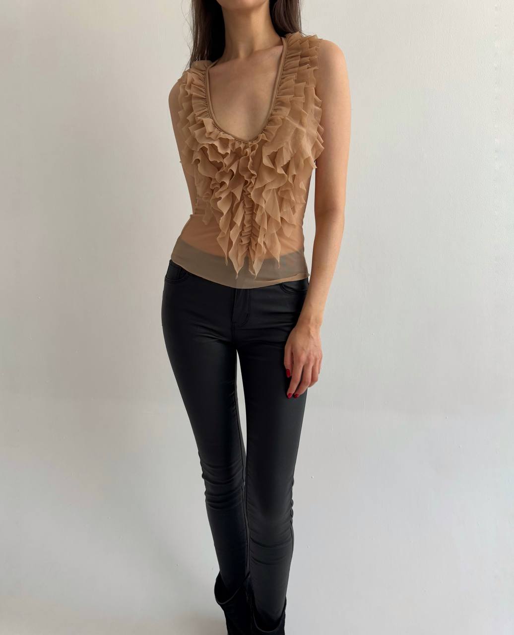 Sisley mesh embroidered ruffled top
