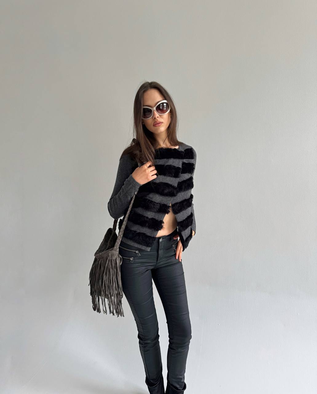 Y2K 100% cashmere grey cardigan with real fur