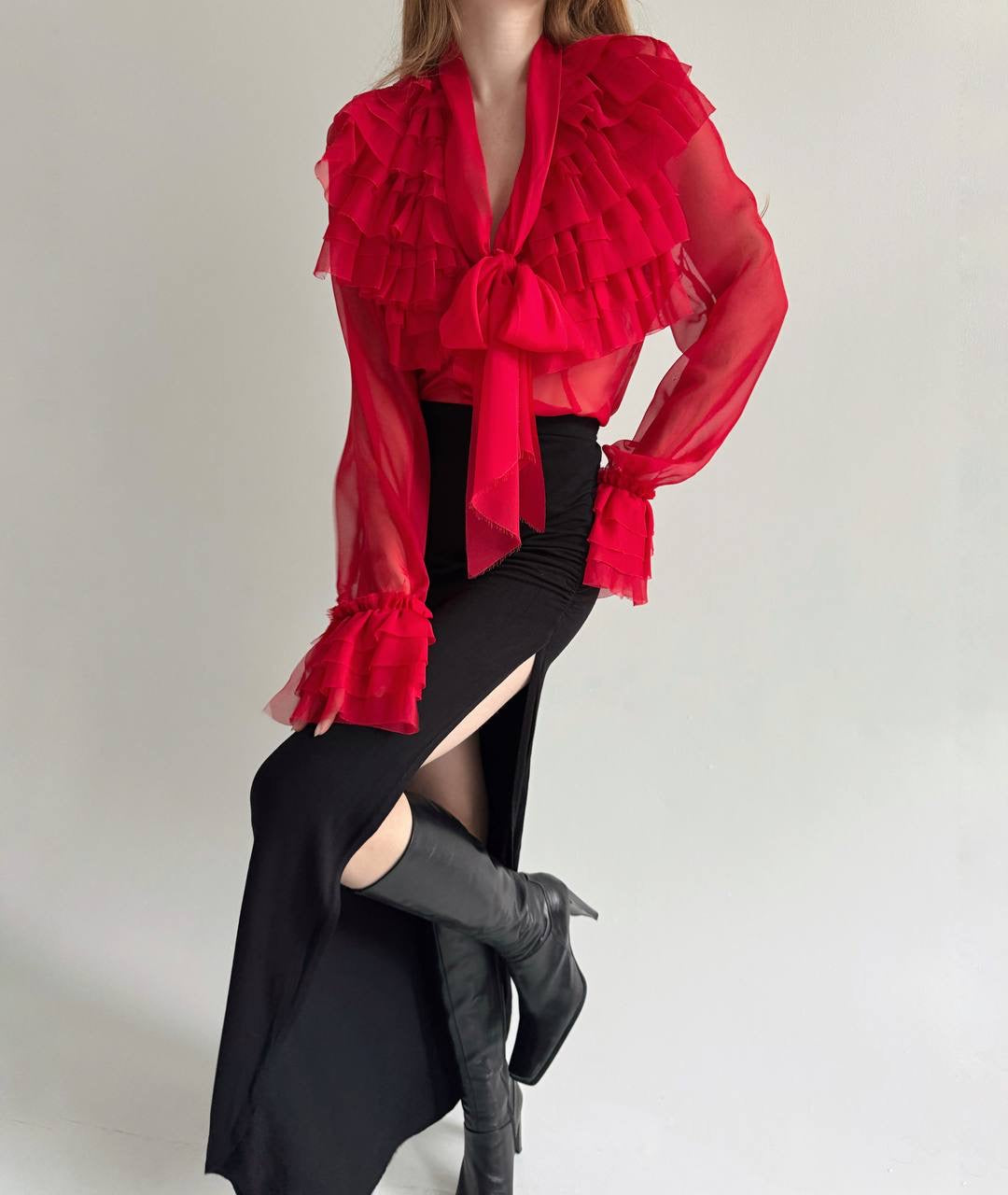 Vintage semi transparent red blouse with raw trim ruffles and chest bow