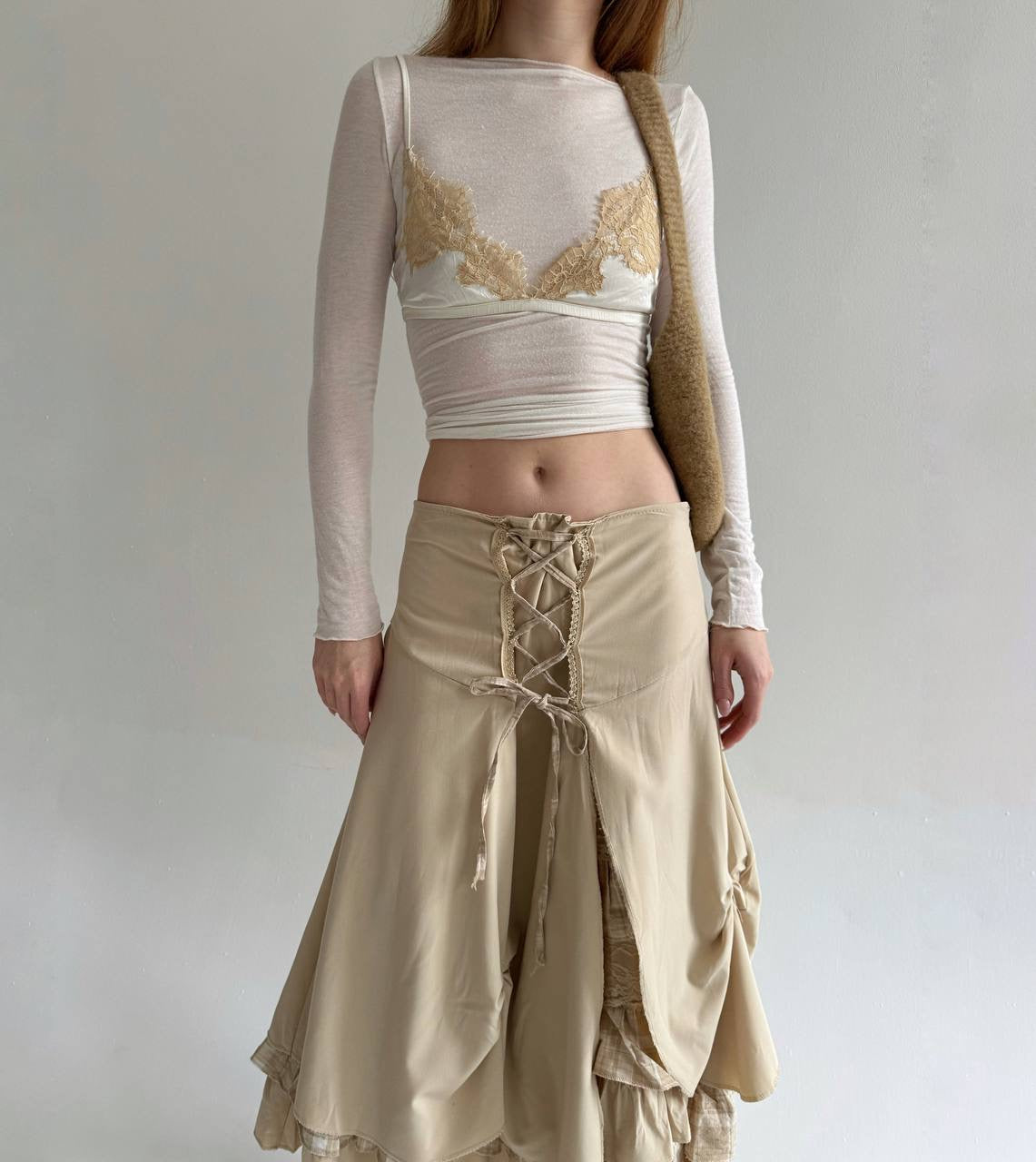 Vintage beige draped skirt with lace and checker pattern details