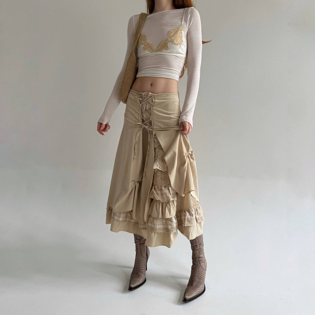 Vintage beige draped skirt with lace and checker pattern details