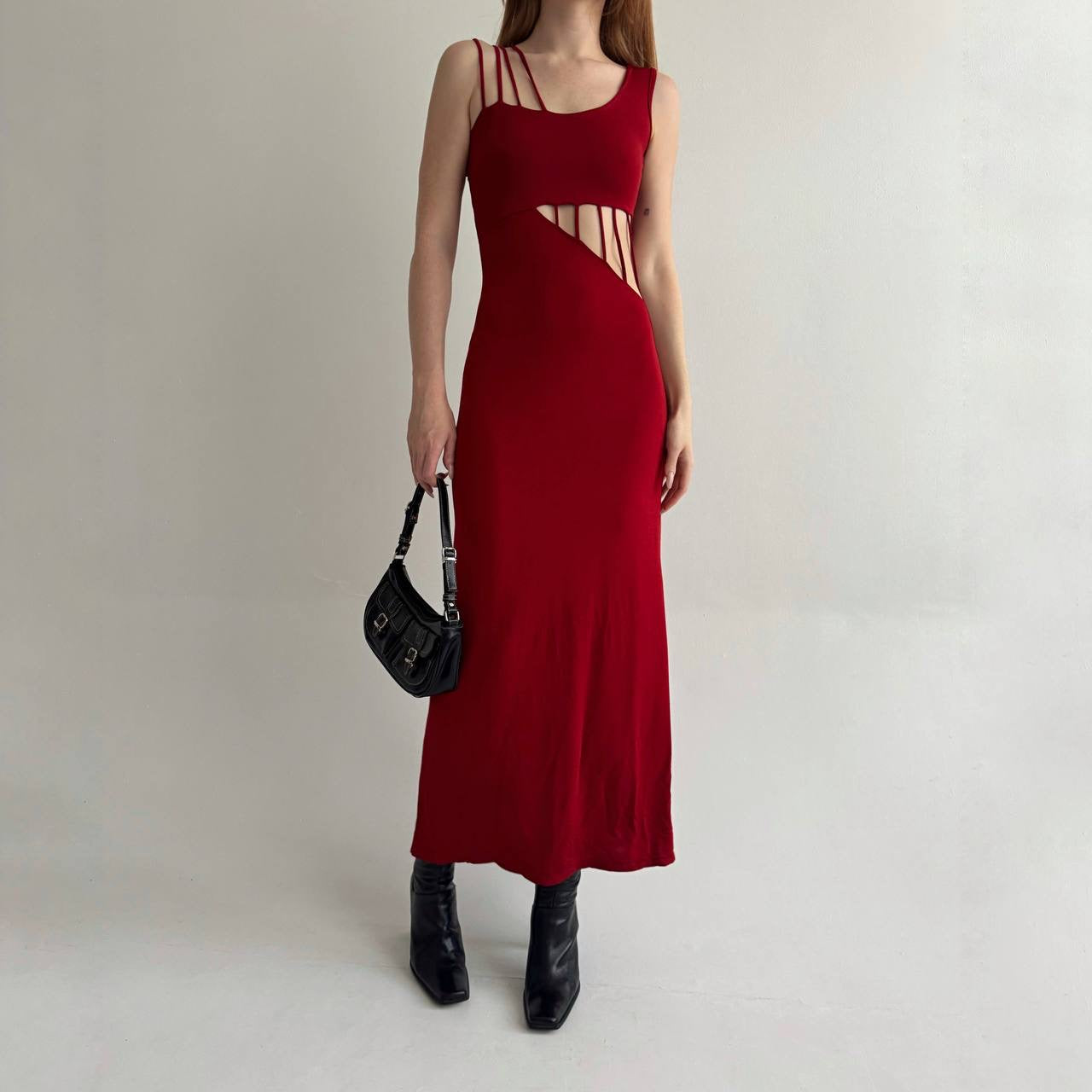 Vintage red long dress with cuts
