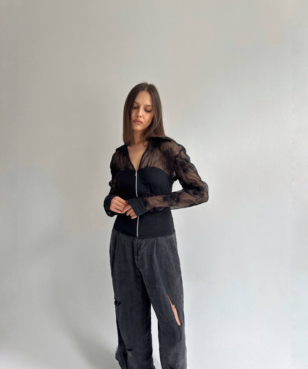 Vintage zip blouse with sheer detail