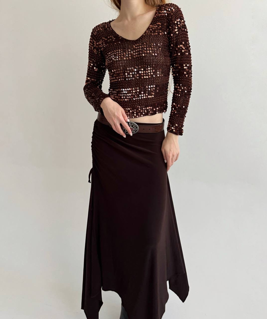 Vintage brown crochet sequin blouse