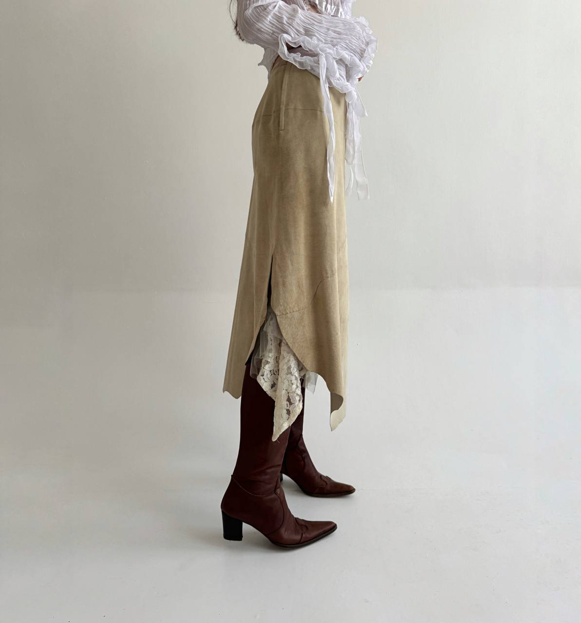 Vintage genuine leather asymmetrical skirt with lace