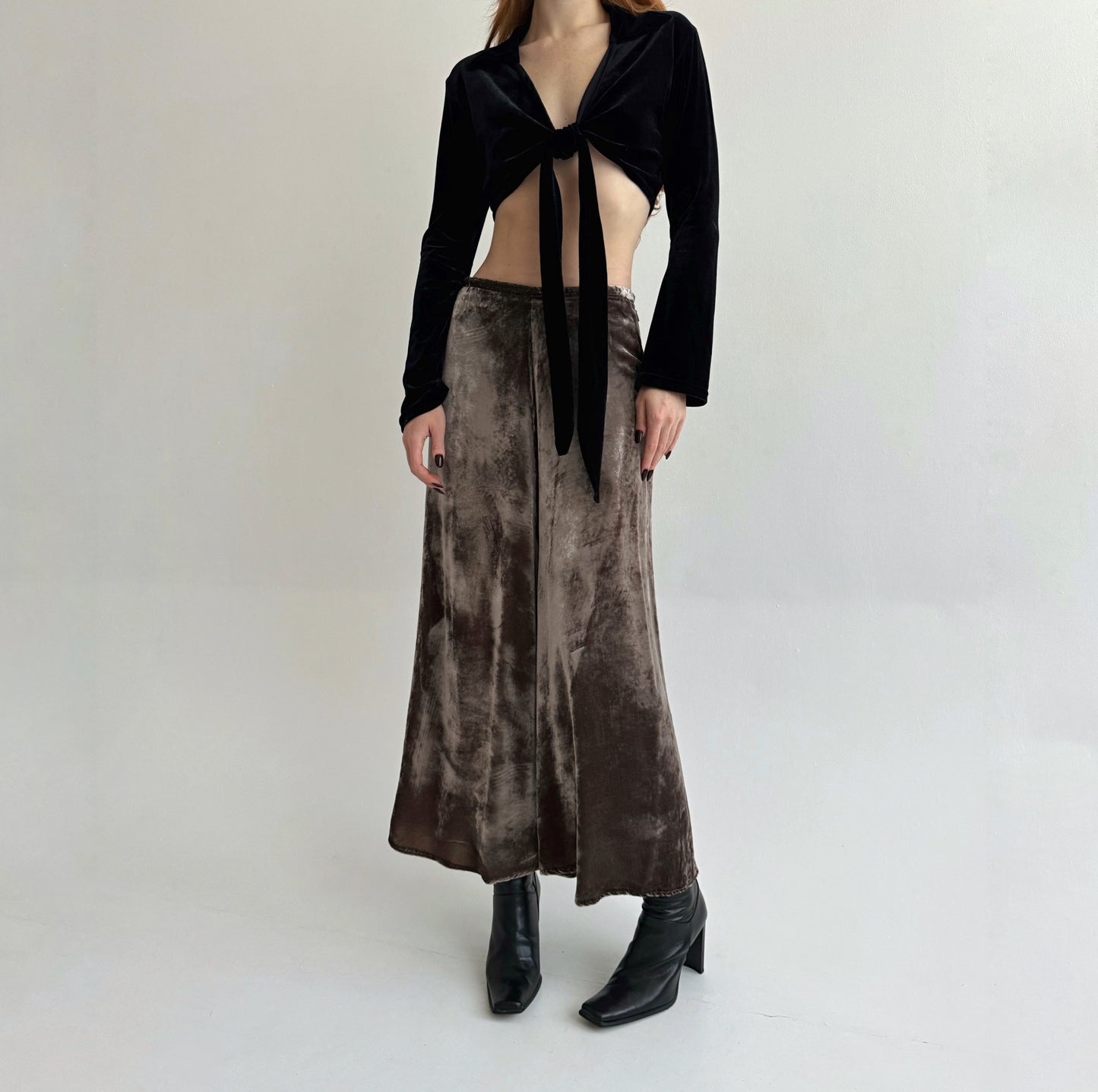 Vintage velour 82% viscose 18% silk taupe maxi skirt