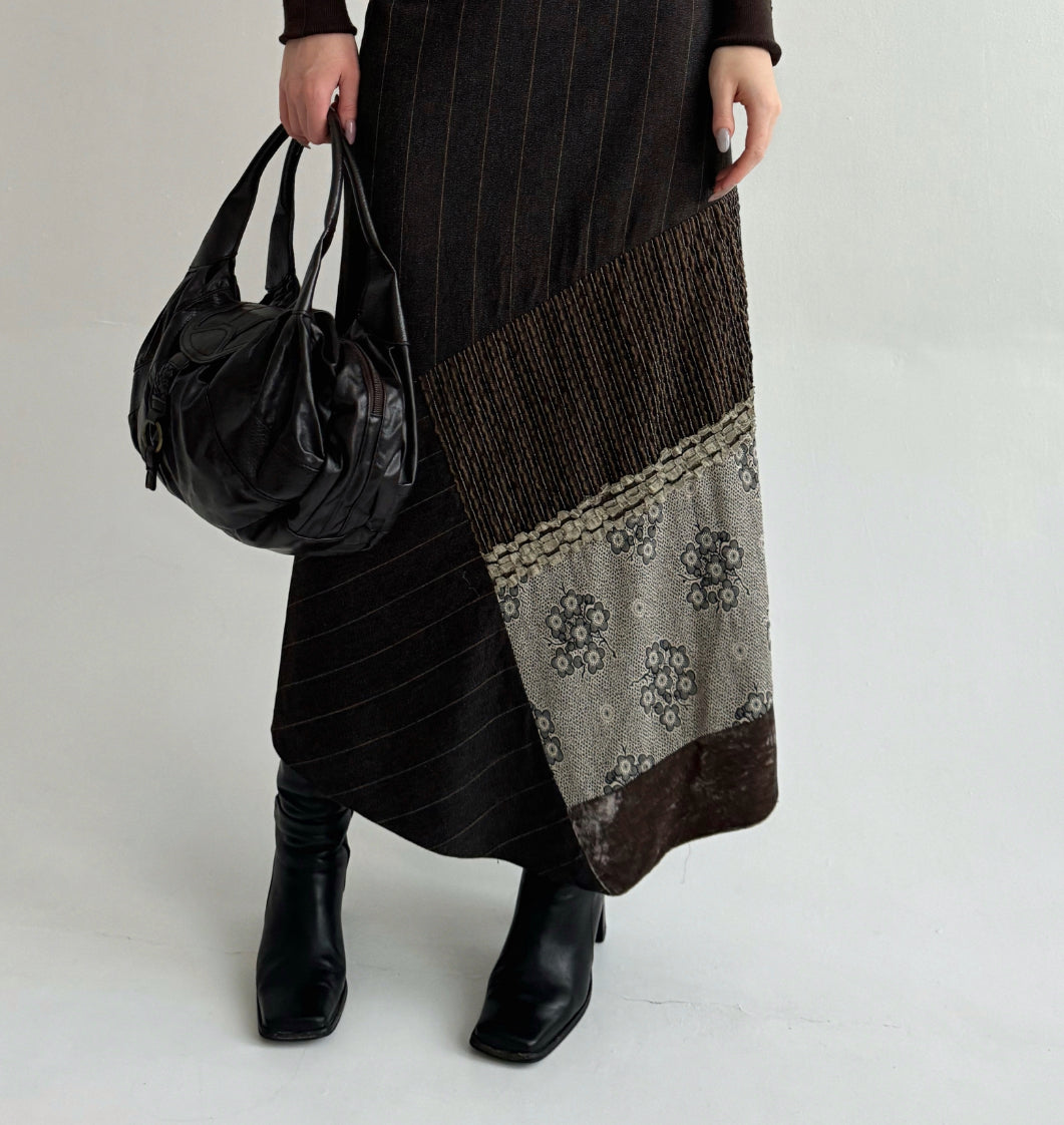 Vintage 64% viscose 25% wool brown striped maxi skirt