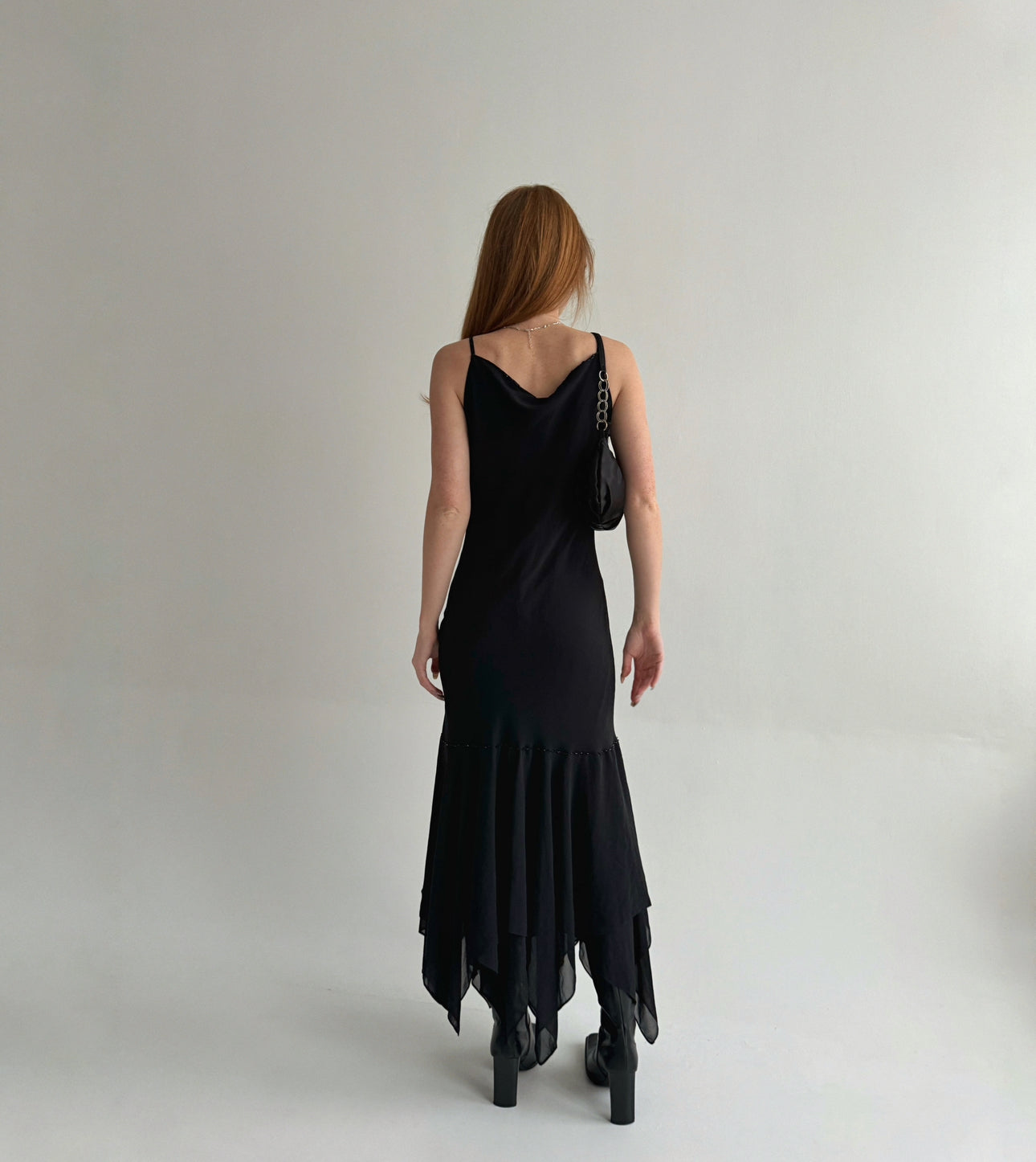 Vintage black maxi dress with asymmetrical bottom