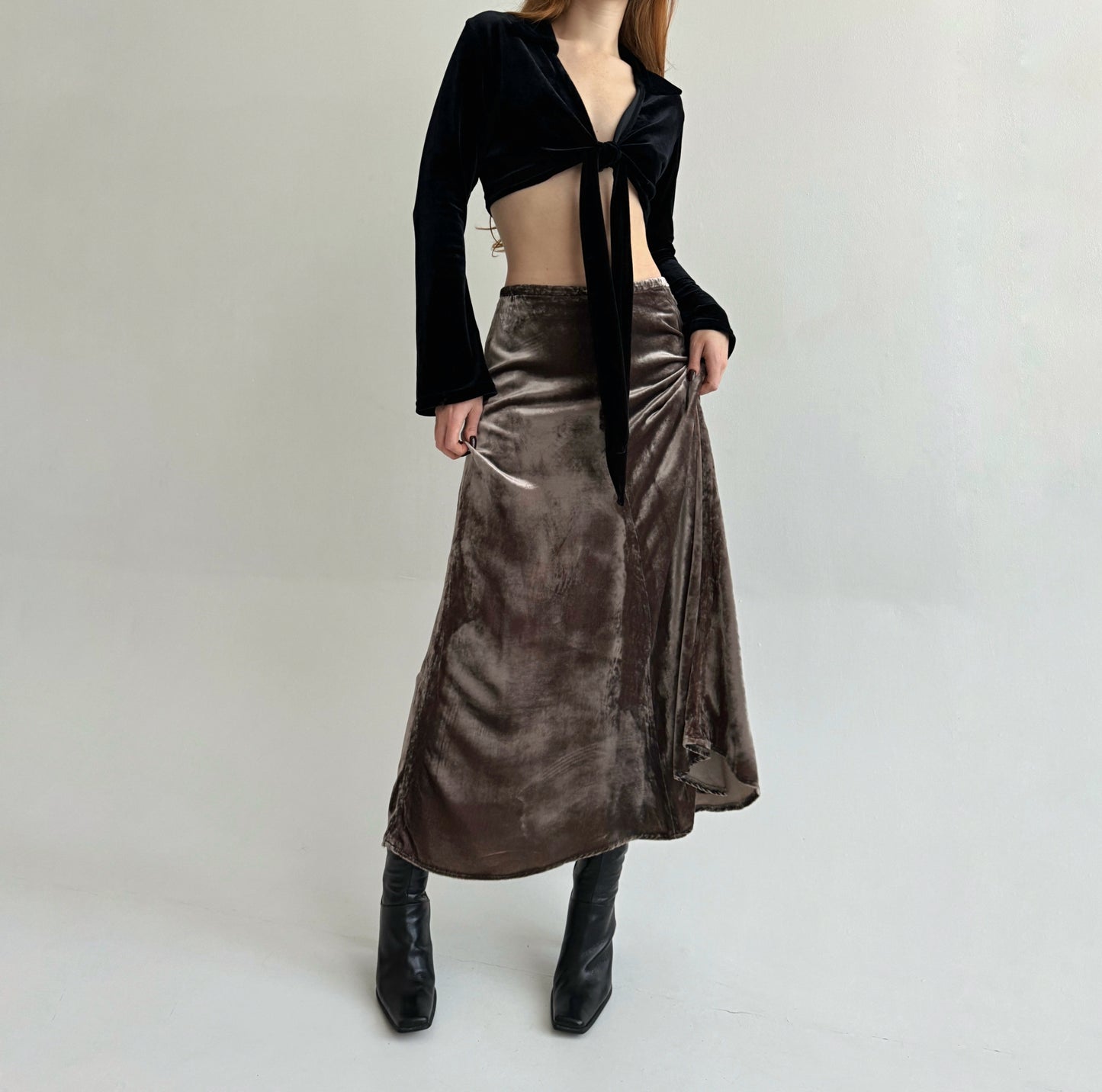 Vintage velour 82% viscose 18% silk taupe maxi skirt