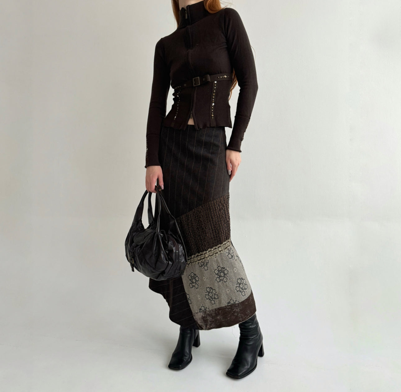 Vintage 64% viscose 25% wool brown striped maxi skirt