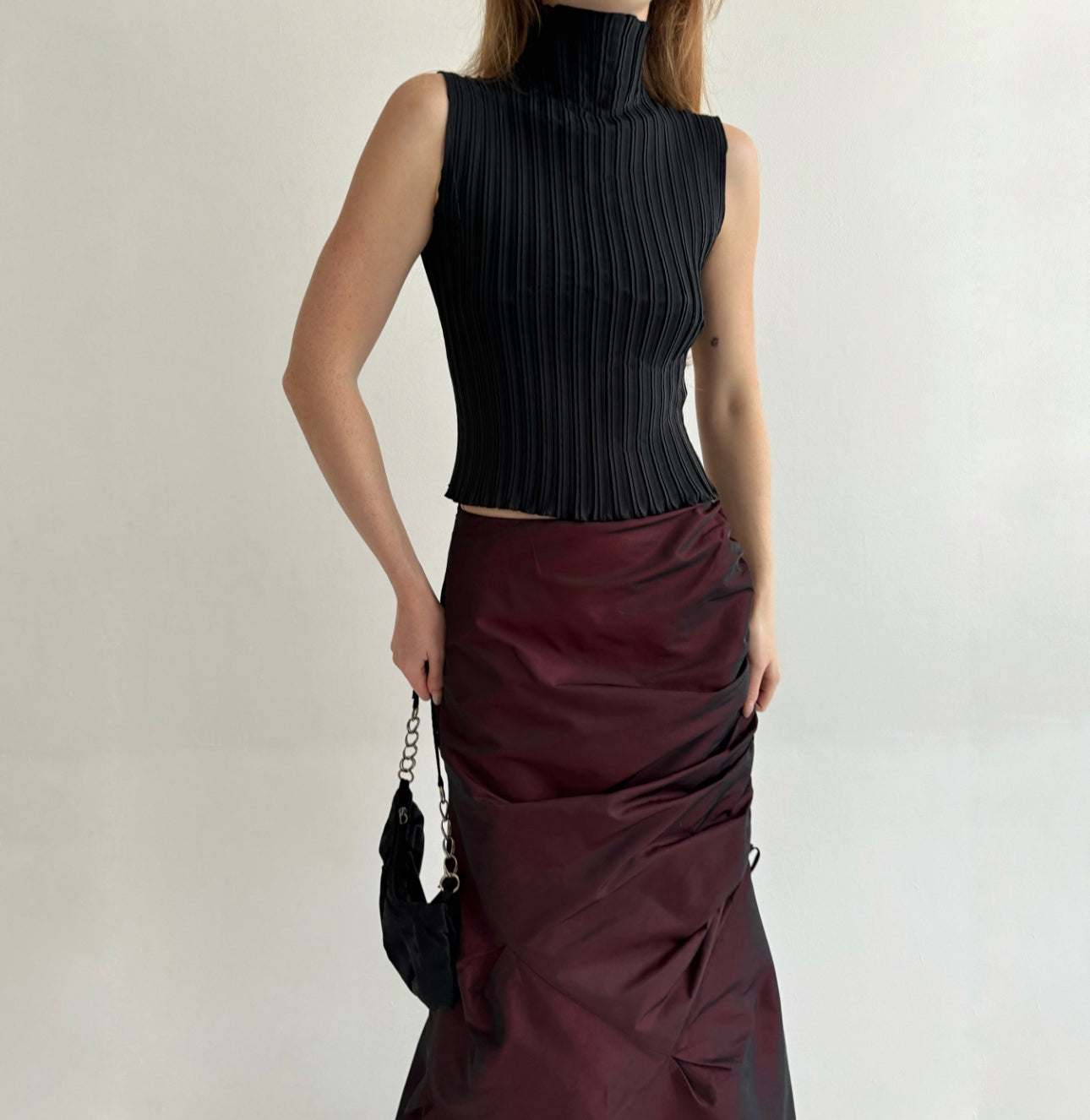 Vintage gothic burgundy maxi skirt with side gathering