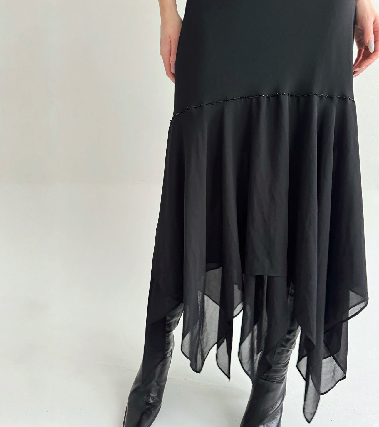Vintage black maxi dress with asymmetrical bottom