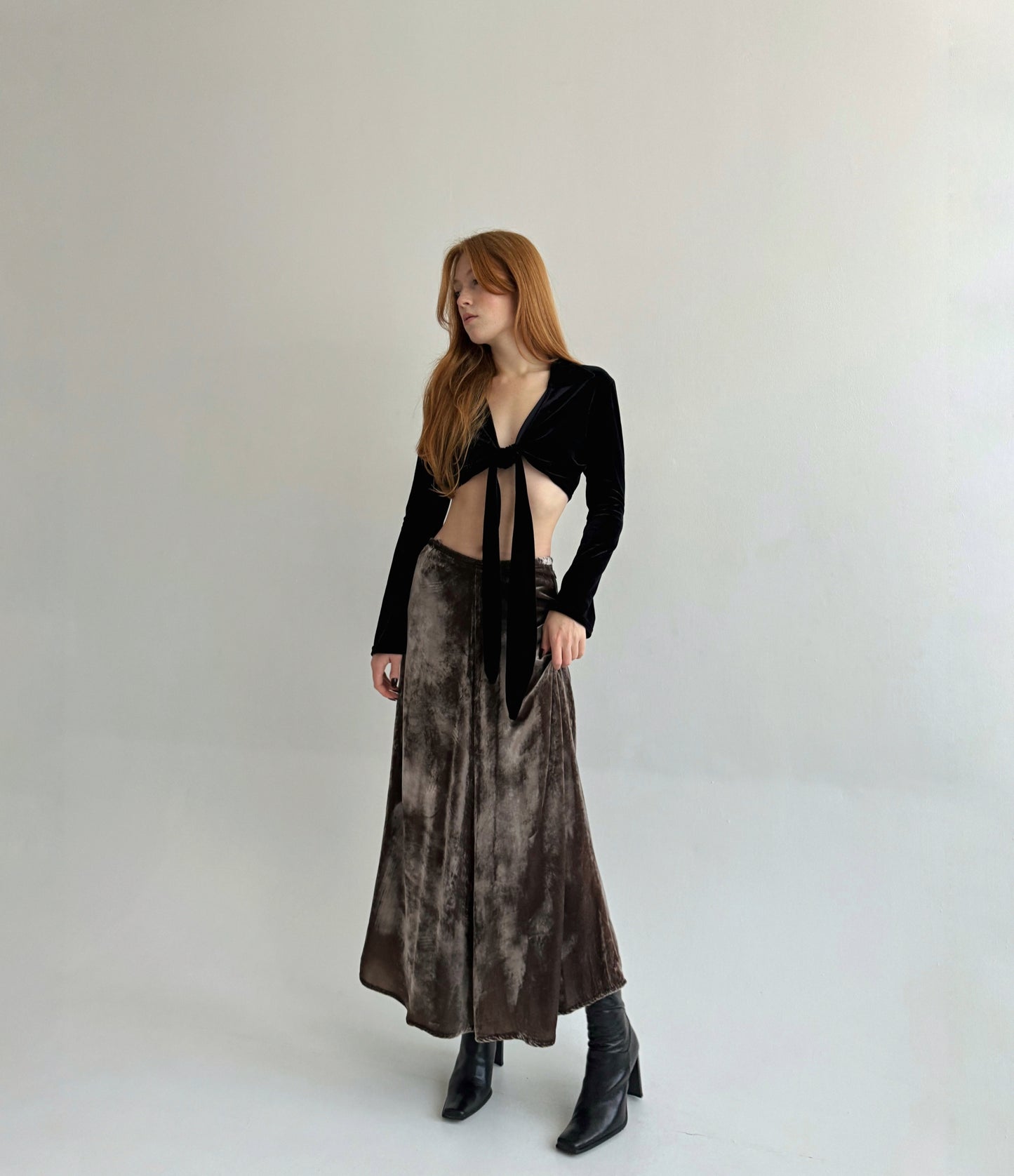 Vintage velour 82% viscose 18% silk taupe maxi skirt