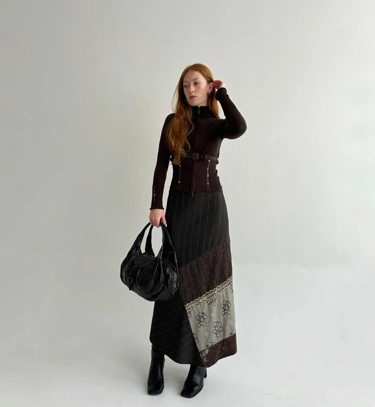 Vintage 64% viscose 25% wool brown striped maxi skirt