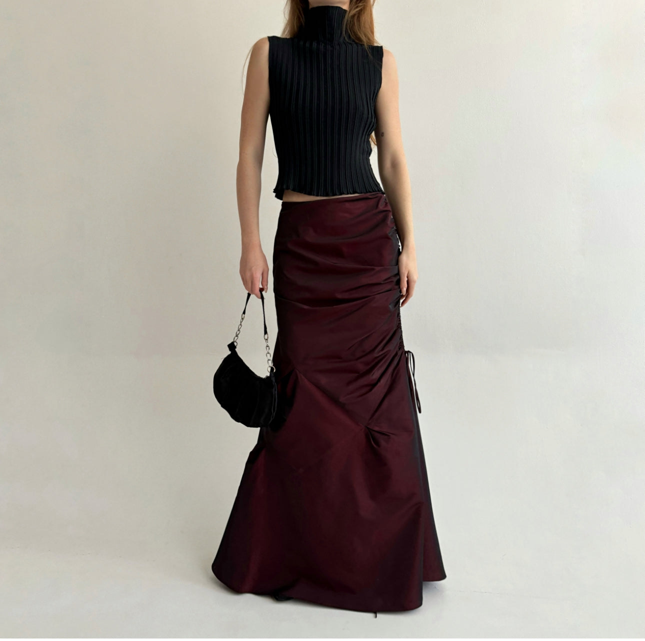 Vintage gothic burgundy maxi skirt with side gathering