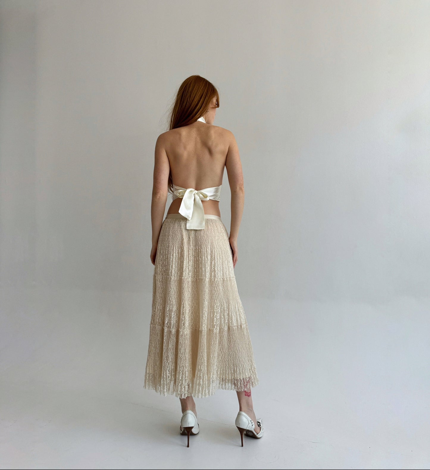 Vintage lace ruched maxi skirt