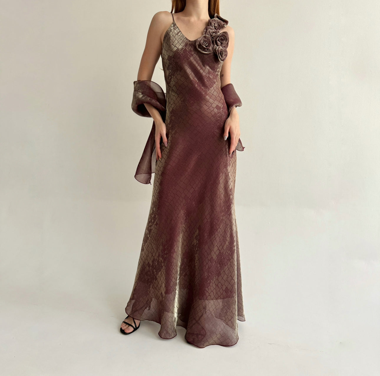 Vintage made in France maxi slip dress with flower appliqué