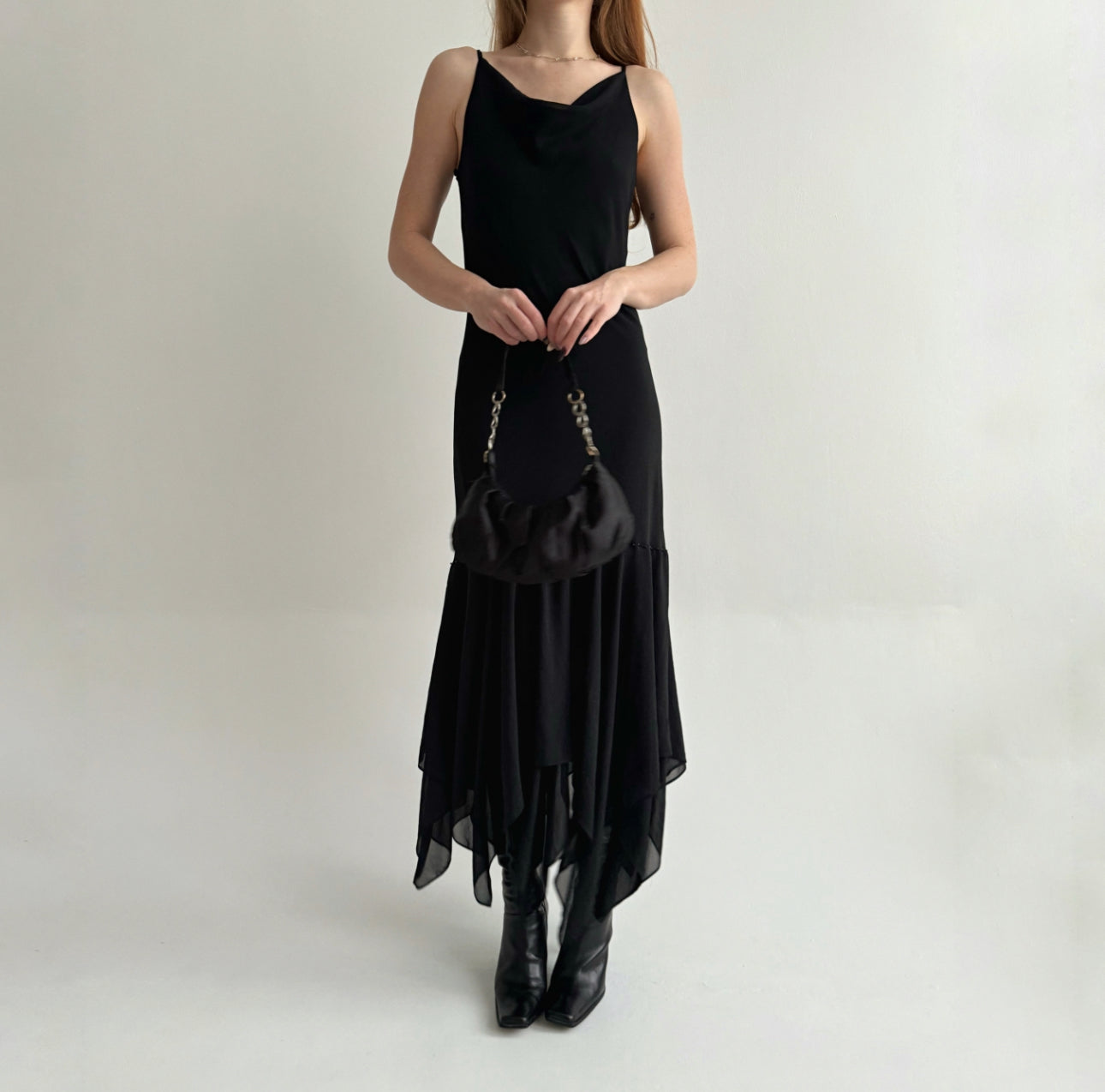Vintage black maxi dress with asymmetrical bottom