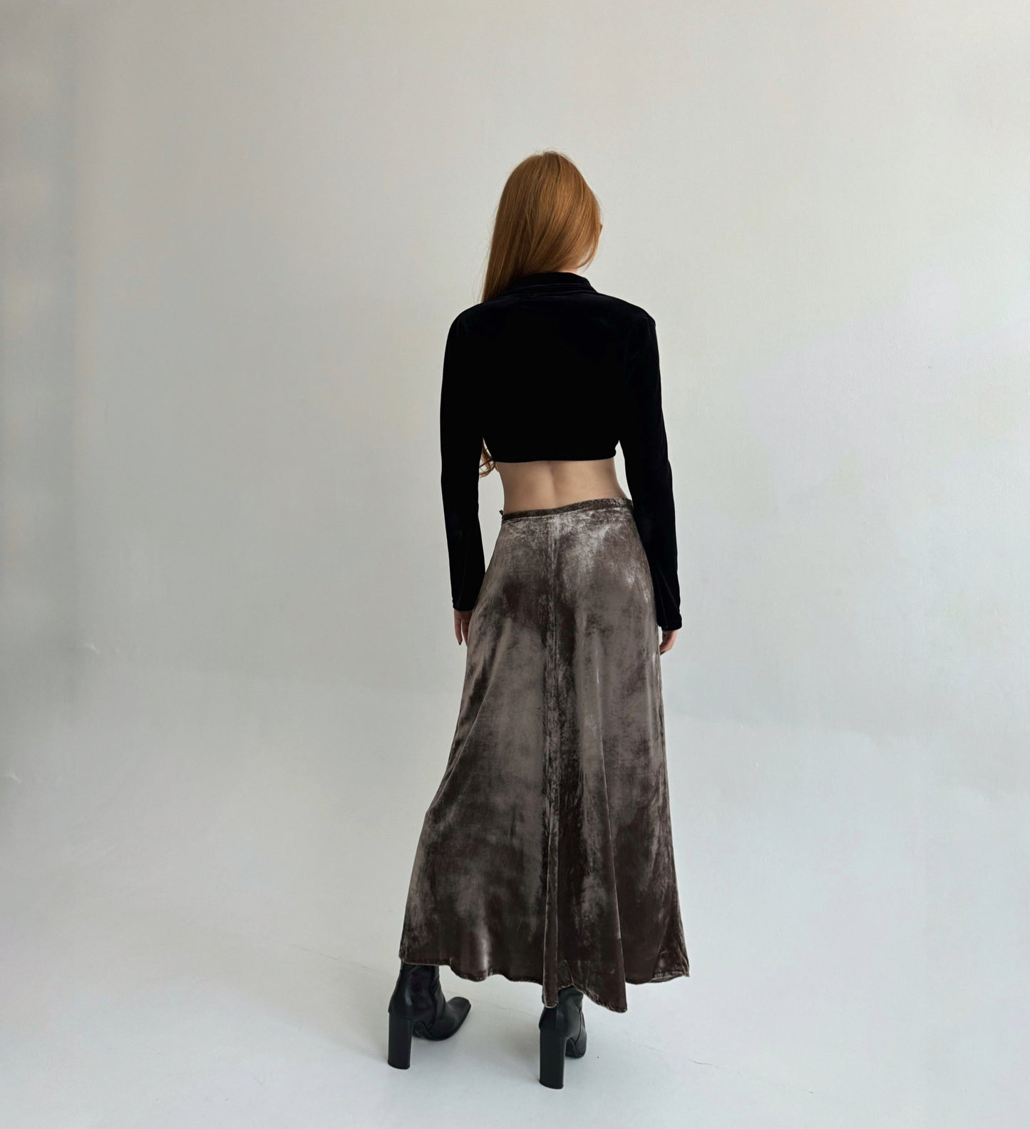 Vintage velour 82% viscose 18% silk taupe maxi skirt