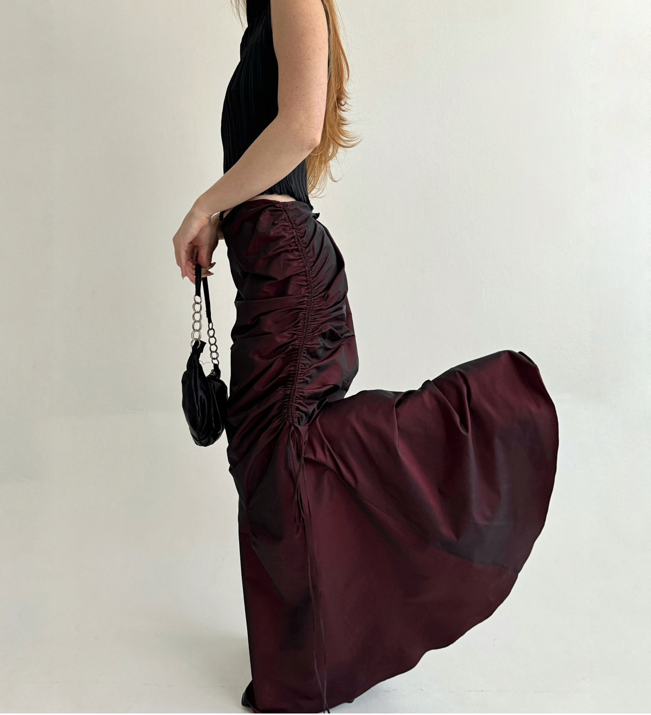 Vintage gothic burgundy maxi skirt with side gathering