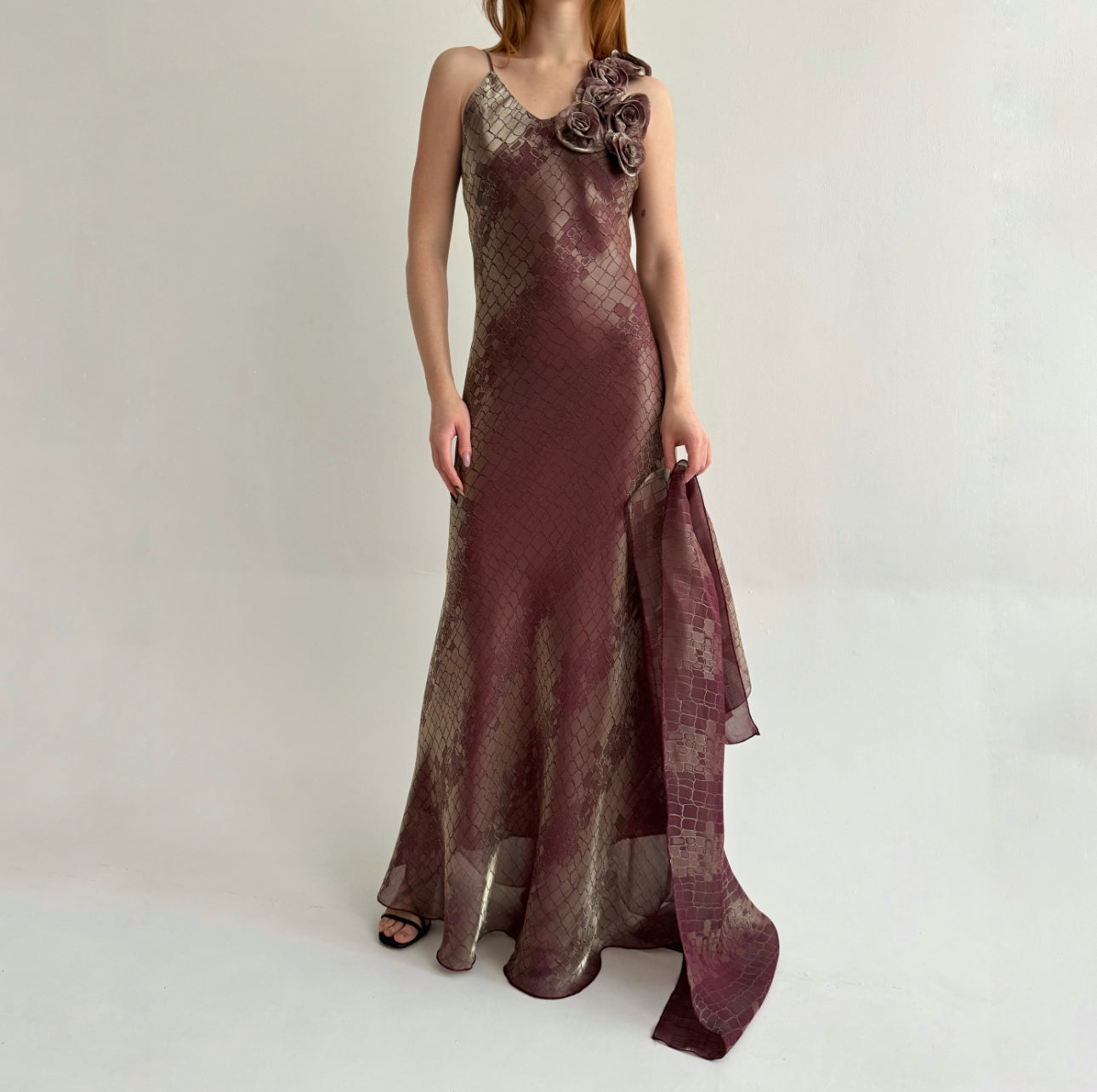 Vintage made in France maxi slip dress with flower appliqué