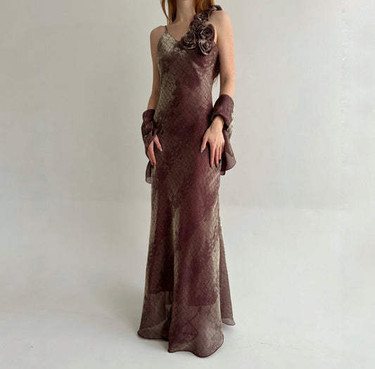 Vintage made in France maxi slip dress with flower appliqué