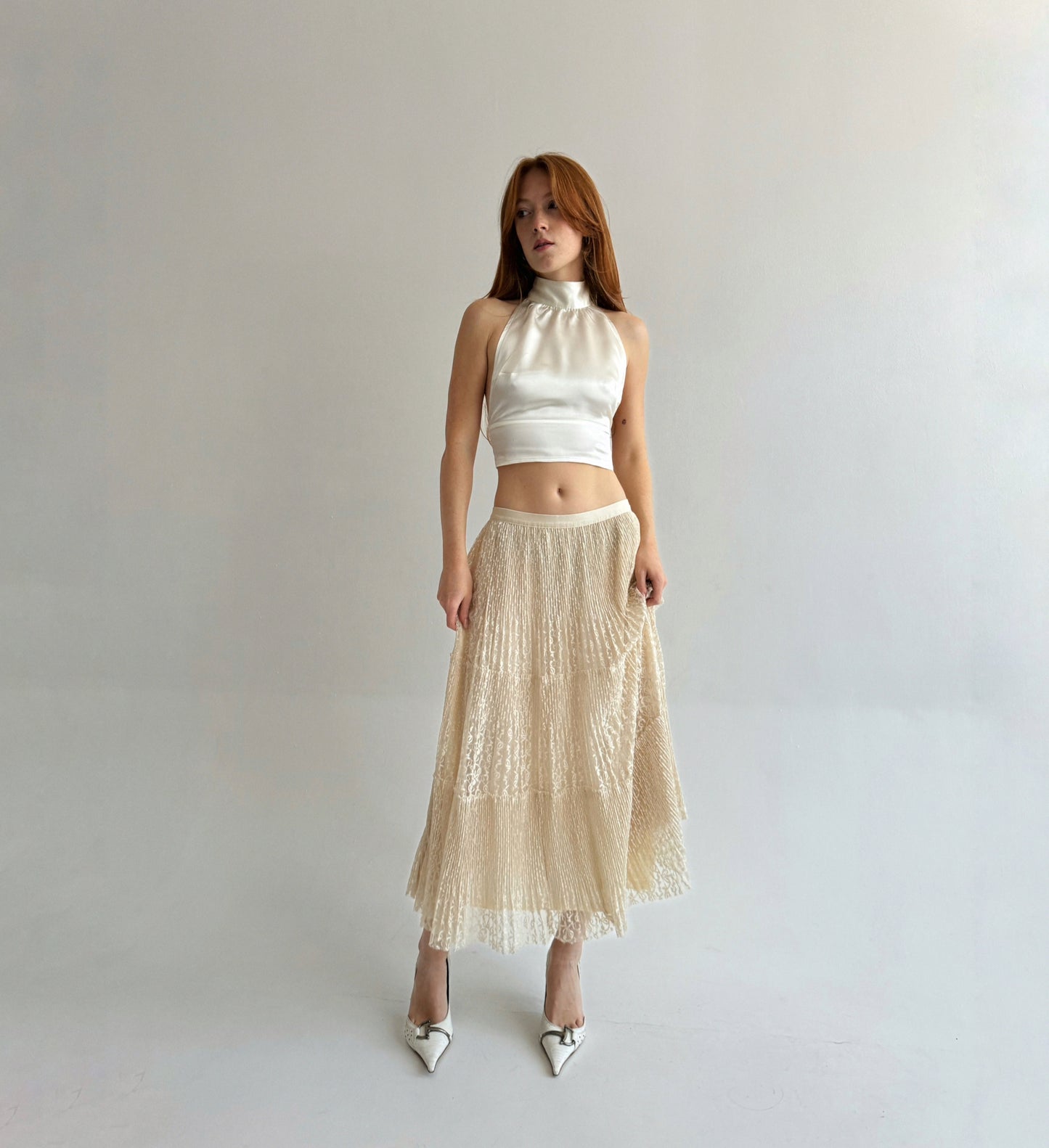 Vintage lace ruched maxi skirt